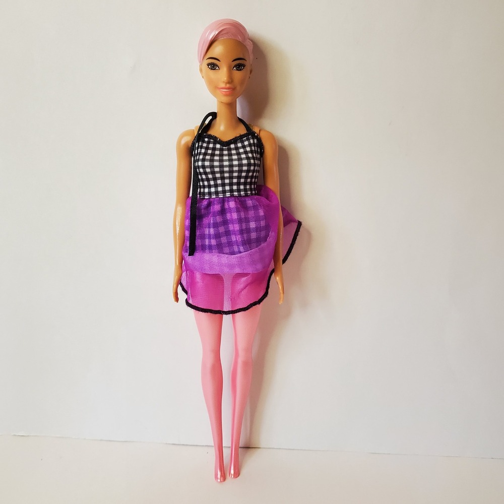 Barbie Doll Pink Hair Black White Gingham Purple‎ Dress Fashionista